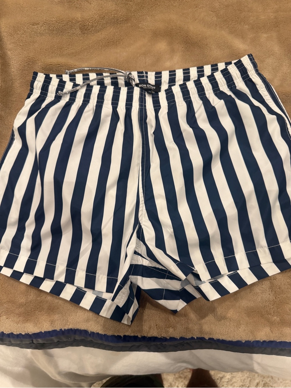 Navy & White Vertical Stripe Swim Trunks